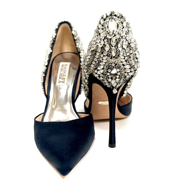 Badgley Mischka Volare Black Satin Crystal Embellished Stiletto Heels US5.5 - Picture 7 of 13